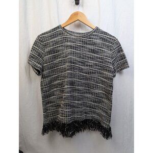 Zara Trafaluc Women's Black White Faux Tweed Fringe Hem Short Sleeve Top Sz M